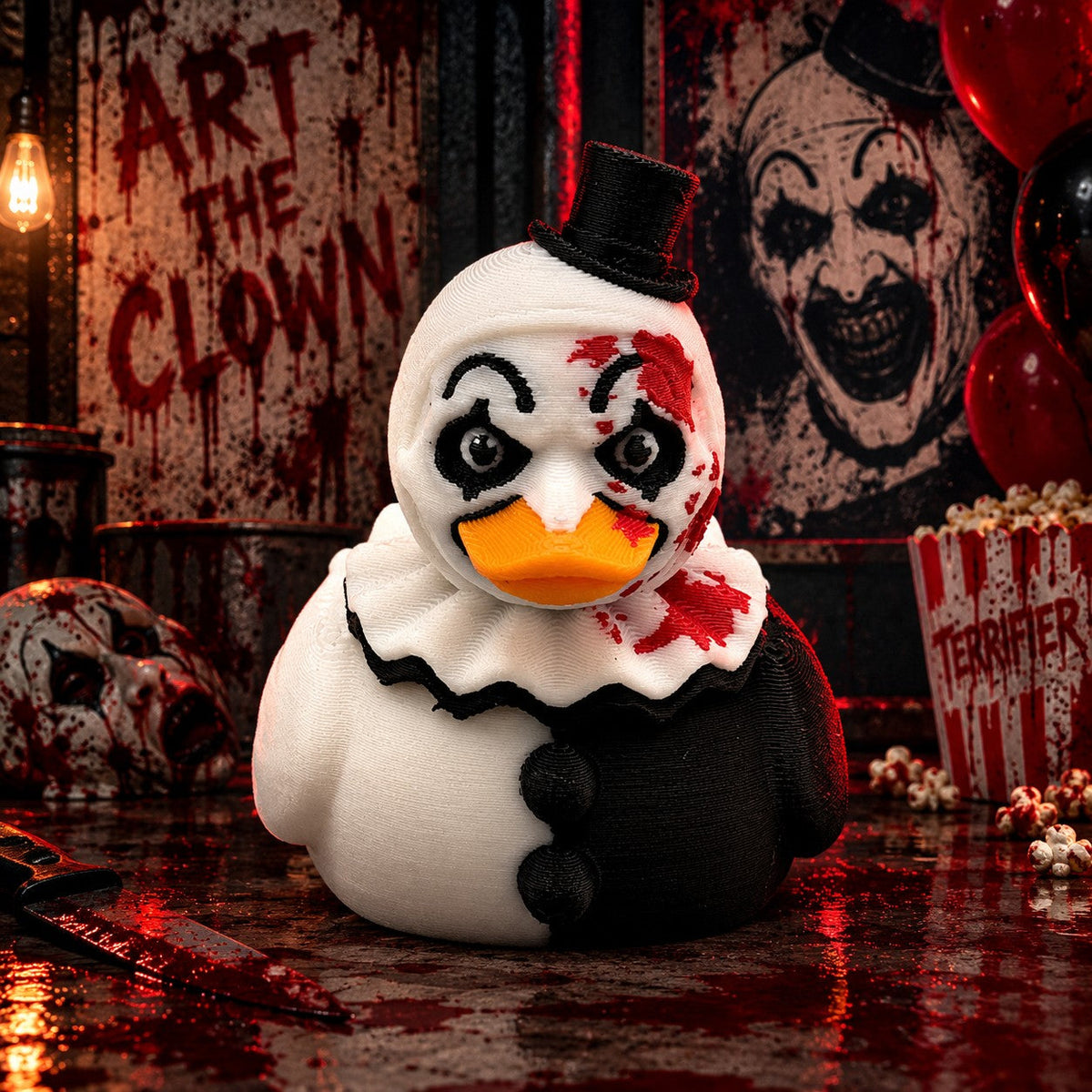 Art the Clown Duck – AI-generated promo image in Terrifier-themed setting