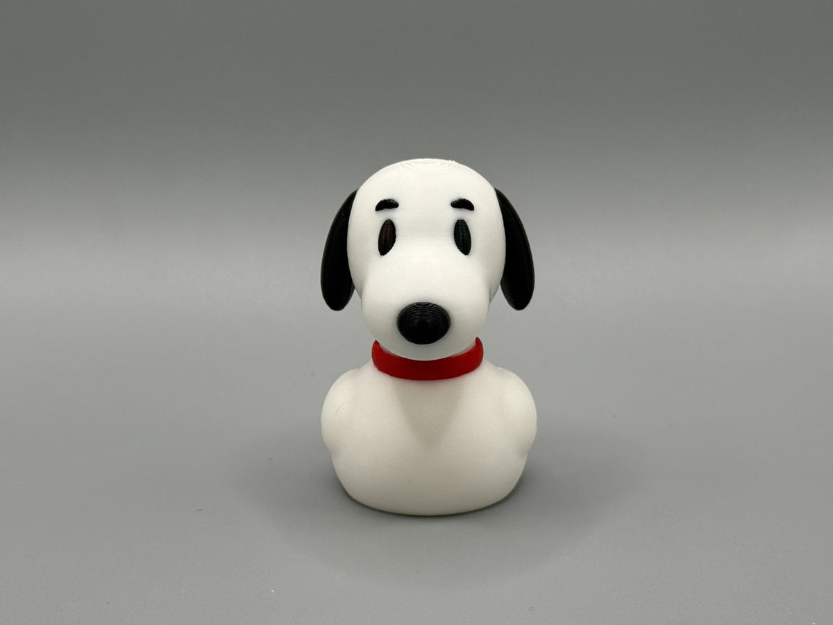 Snoopy Duck front view – white body, black ears, red collar