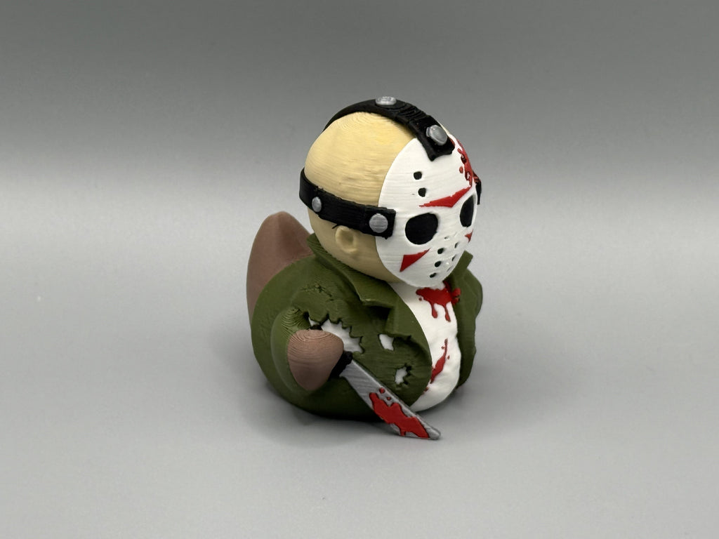 Jason Voorhees Duck side view showing machete and green jacket