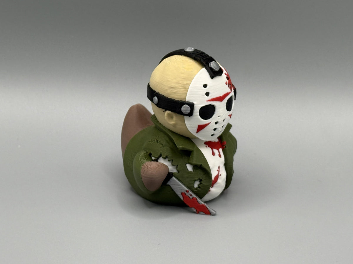 Jason Voorhees Duck side view showing machete and green jacket