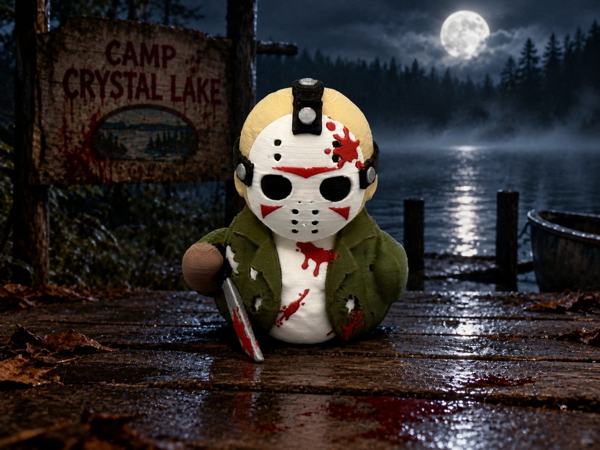 Jason Voorhees Duck at Camp Crystal Lake dock under full moon
