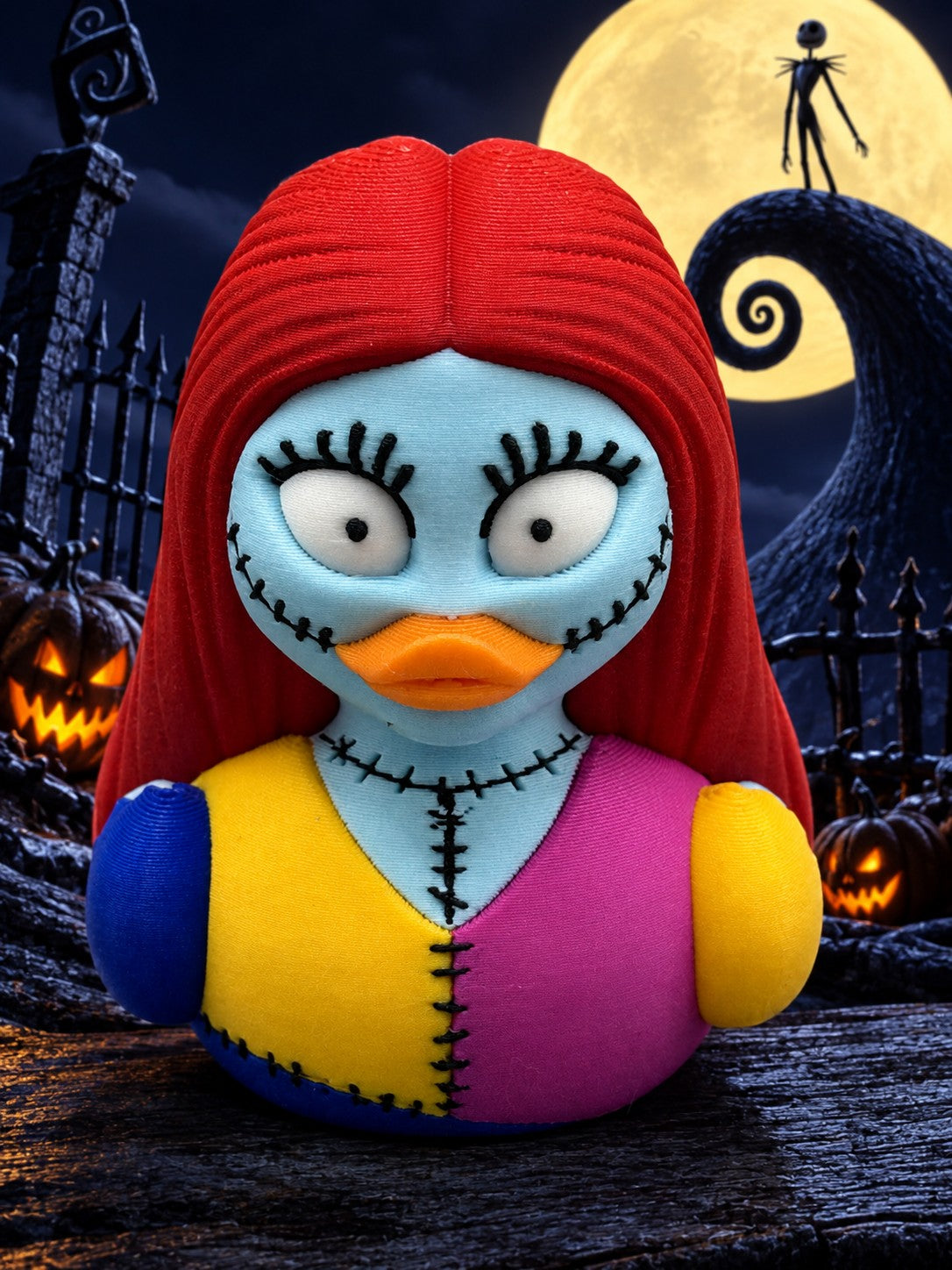 Sally-Inspired Duck in Nightmare Before Christmas scene under the spiral moon