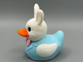 Easter Bunny Duck – front view showing white bunny ears, blue suit, and pink bow tie